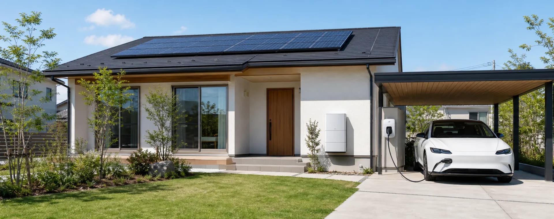 屋根のソーラーパネル・家庭用蓄電池・EV充電(V2H)を備えた住宅